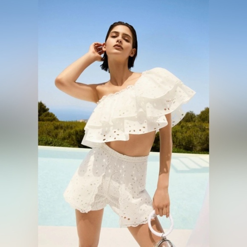 NWT Charo Ruiz 'Flamingo' Broderie Cotton One-Shoulder Ruffled Eyelet Top Size L